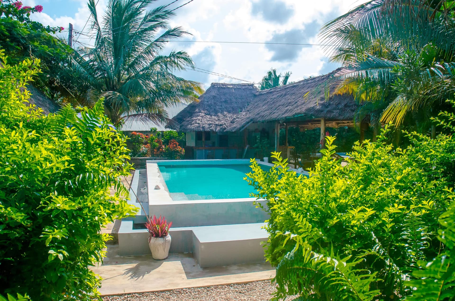 Pool surrounded by tropical gardens and thatched roofs
